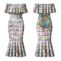 Hawaii Cruising Back To School Couples Matching Mermaid Dress and Long Sleeve Button Shirt Grid Pattern With School Bag And Vintage Surf Van
