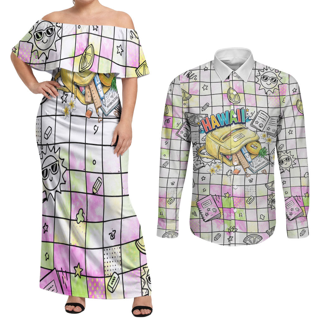 Hawaii Cruising Back To School Couples Matching Off Shoulder Maxi Dress and Long Sleeve Button Shirt Grid Pattern With School Bag And Vintage Surf Van