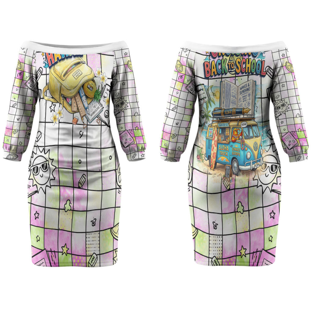 Hawaii Cruising Back To School Couples Matching Off The Shoulder Long Sleeve Dress and Hawaiian Shirt Grid Pattern With School Bag And Vintage Surf Van