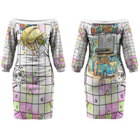 Hawaii Cruising Back To School Couples Matching Off The Shoulder Long Sleeve Dress and Long Sleeve Button Shirt Grid Pattern With School Bag And Vintage Surf Van