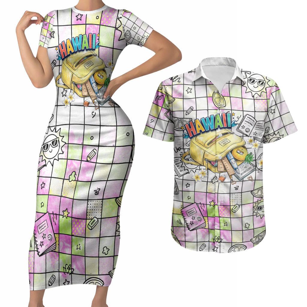 Hawaii Cruising Back To School Couples Matching Short Sleeve Bodycon Dress and Hawaiian Shirt Grid Pattern With School Bag And Vintage Surf Van