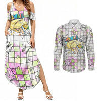 Hawaii Cruising Back To School Couples Matching Summer Maxi Dress and Long Sleeve Button Shirt Grid Pattern With School Bag And Vintage Surf Van