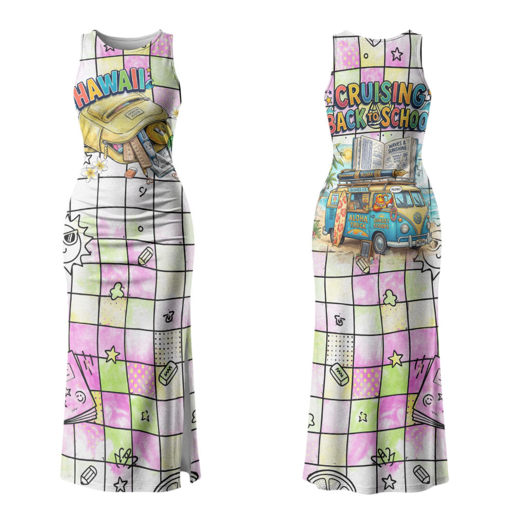 Hawaii Cruising Back To School Couples Matching Tank Maxi Dress and Hawaiian Shirt Grid Pattern With School Bag And Vintage Surf Van