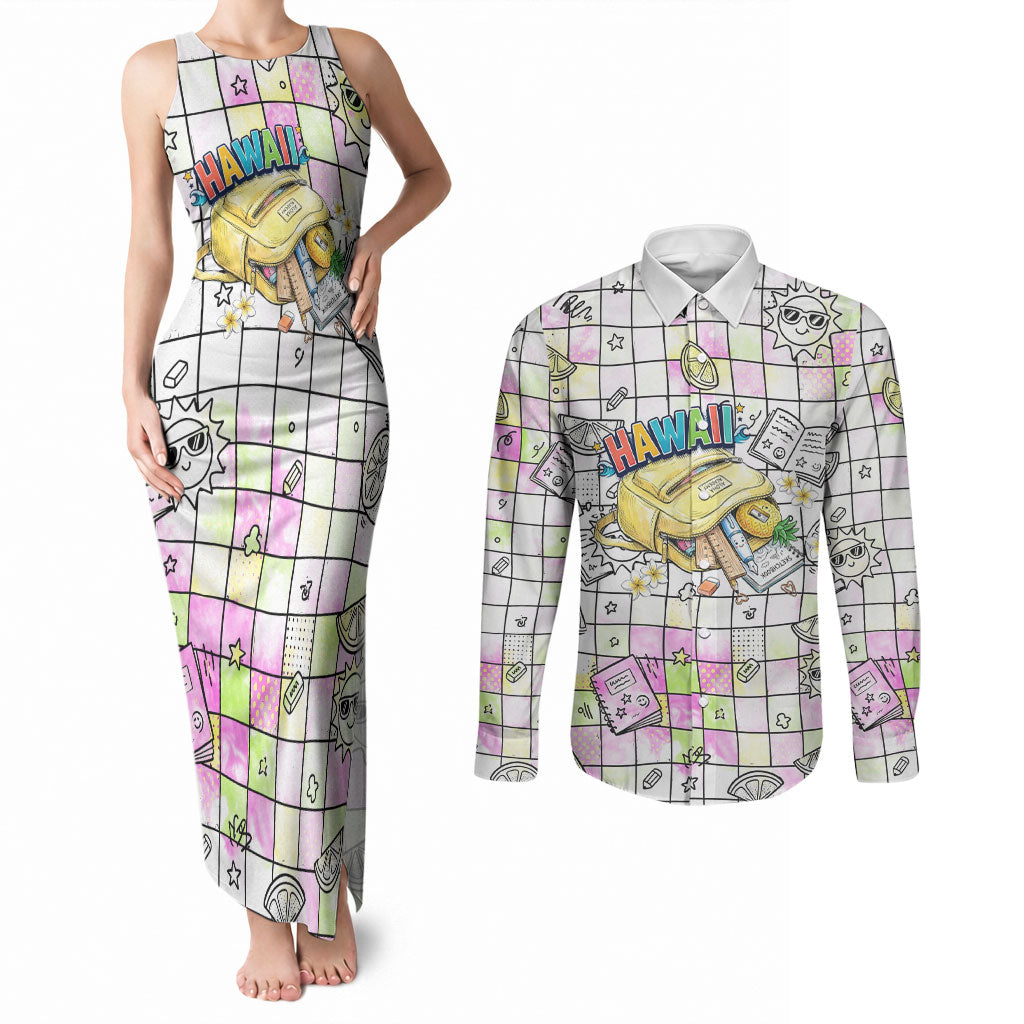 Hawaii Cruising Back To School Couples Matching Tank Maxi Dress and Long Sleeve Button Shirt Grid Pattern With School Bag And Vintage Surf Van