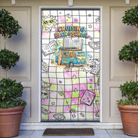 Hawaii Cruising Back To School Door Cover Grid Pattern With School Bag And Vintage Surf Van
