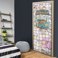Hawaii Cruising Back To School Door Cover Grid Pattern With School Bag And Vintage Surf Van