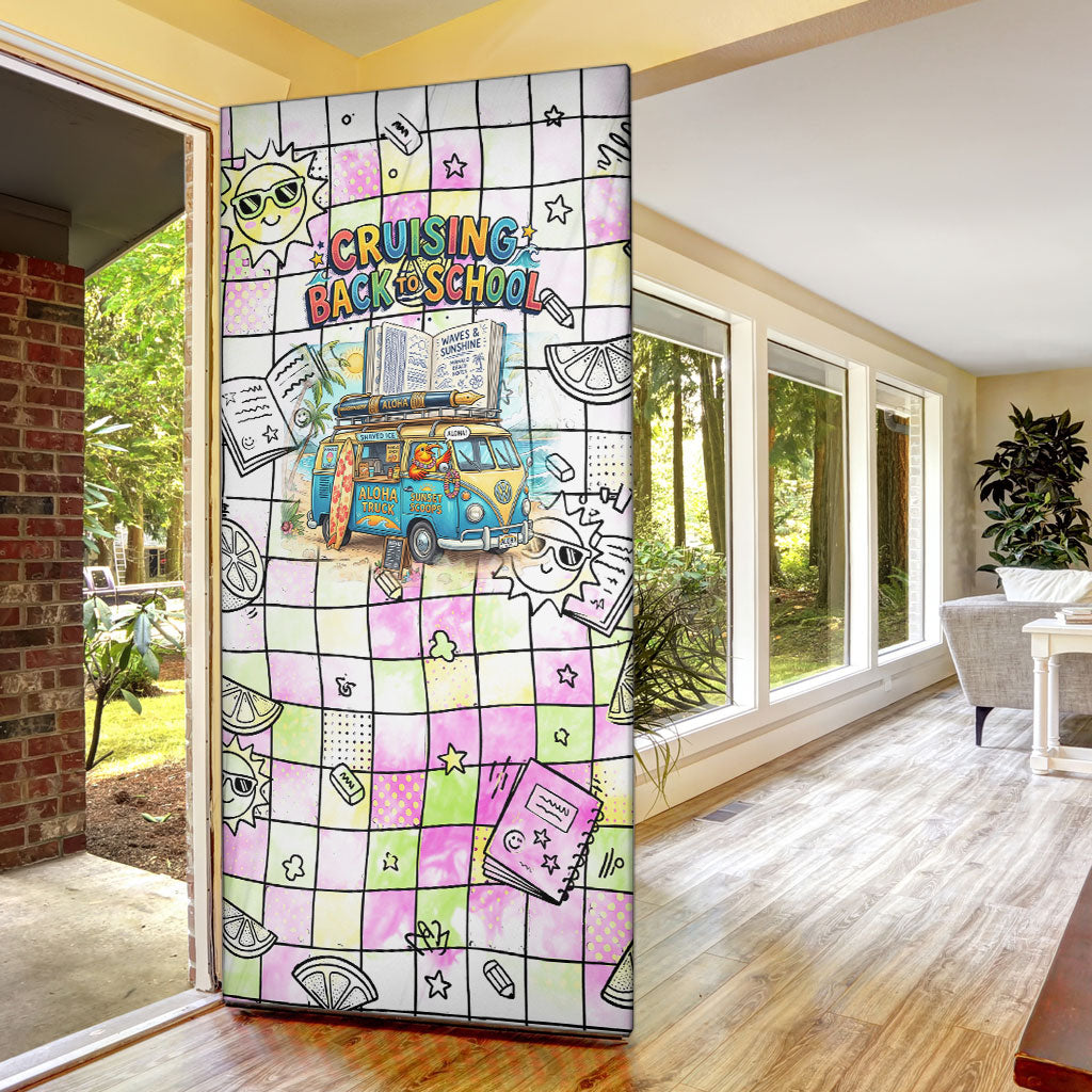 Hawaii Cruising Back To School Door Cover Grid Pattern With School Bag And Vintage Surf Van