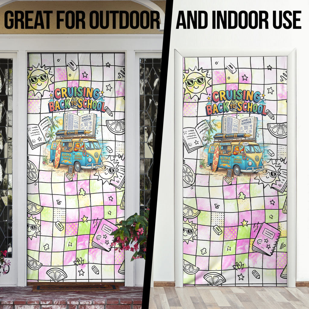 Hawaii Cruising Back To School Door Cover Grid Pattern With School Bag And Vintage Surf Van