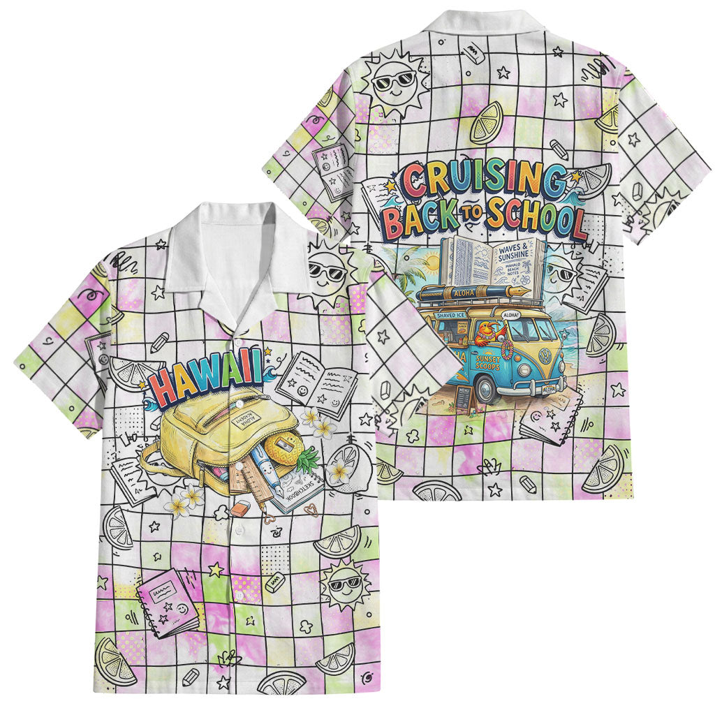 Hawaii Cruising Back To School Family Matching Long Sleeve Bodycon Dress and Hawaiian Shirt Grid Pattern With School Bag And Vintage Surf Van
