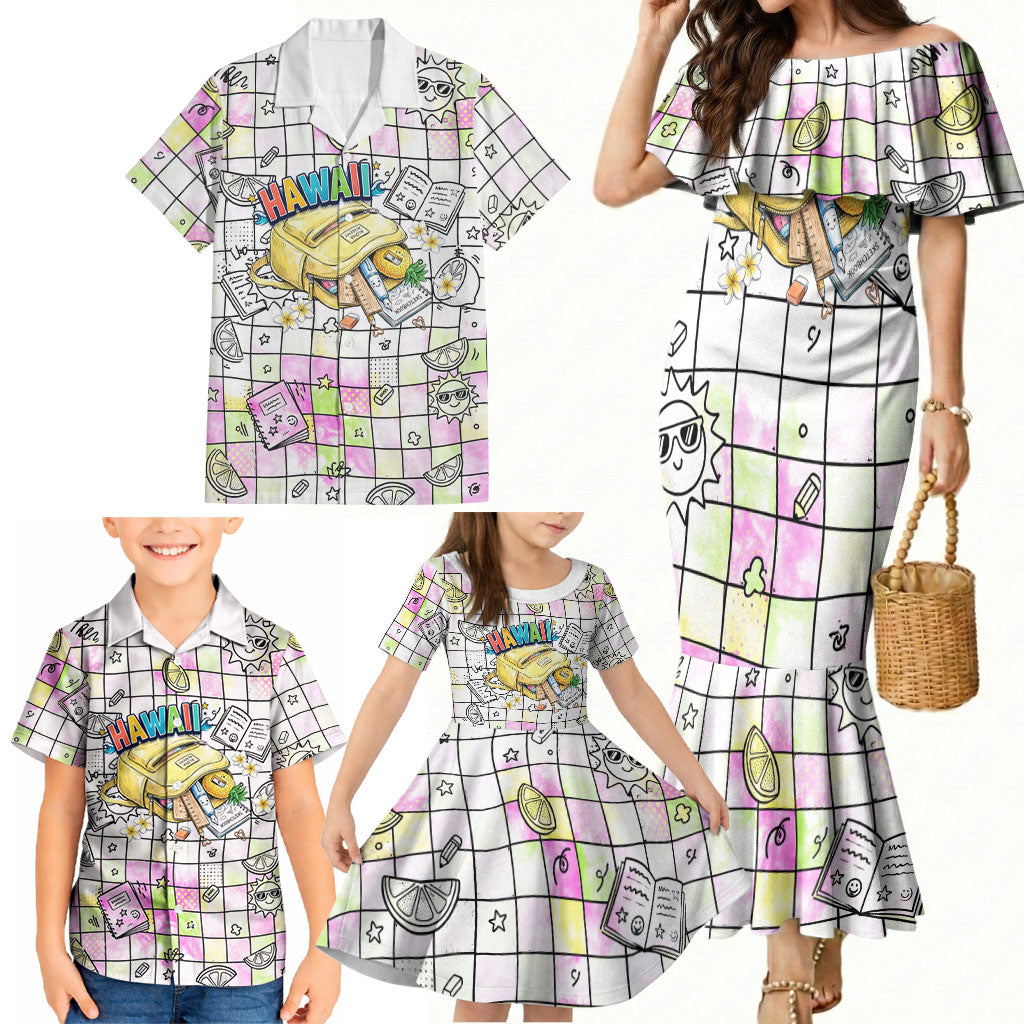 Hawaii Cruising Back To School Family Matching Mermaid Dress and Hawaiian Shirt Grid Pattern With School Bag And Vintage Surf Van