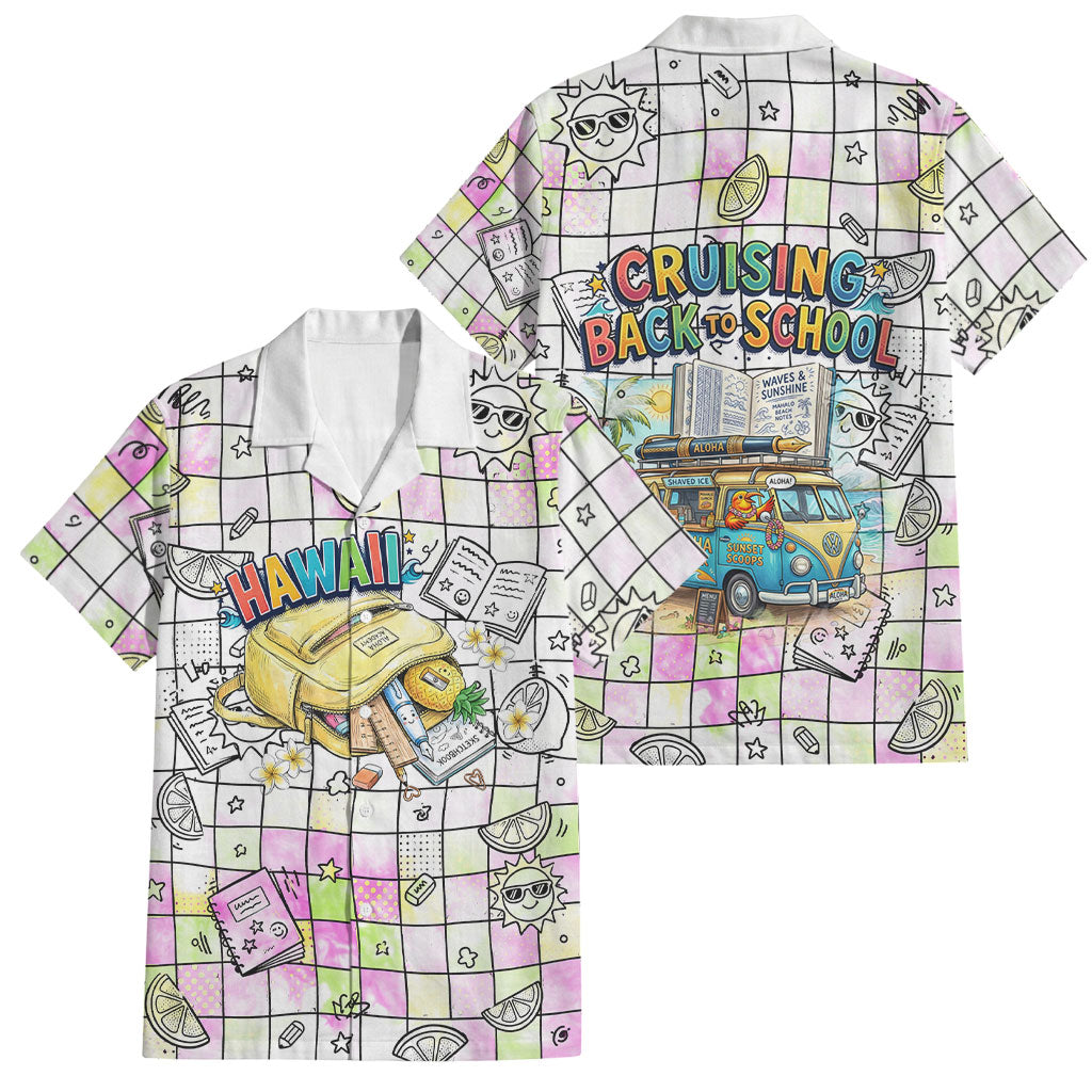 Hawaii Cruising Back To School Family Matching Puletasi and Hawaiian Shirt Grid Pattern With School Bag And Vintage Surf Van