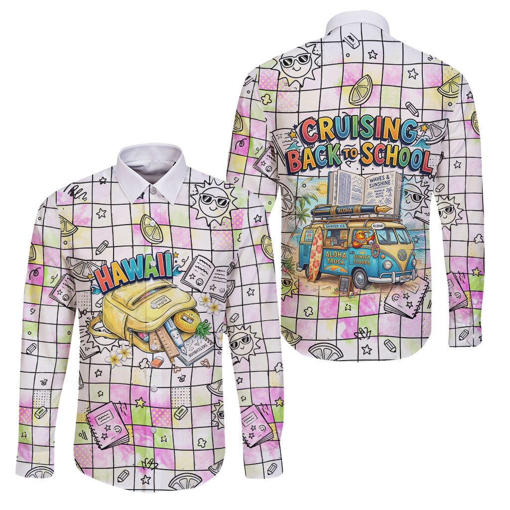 Hawaii Cruising Back To School Family Matching Puletasi and Hawaiian Shirt Grid Pattern With School Bag And Vintage Surf Van