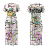 Hawaii Cruising Back To School Family Matching Short Sleeve Bodycon Dress and Hawaiian Shirt Grid Pattern With School Bag And Vintage Surf Van