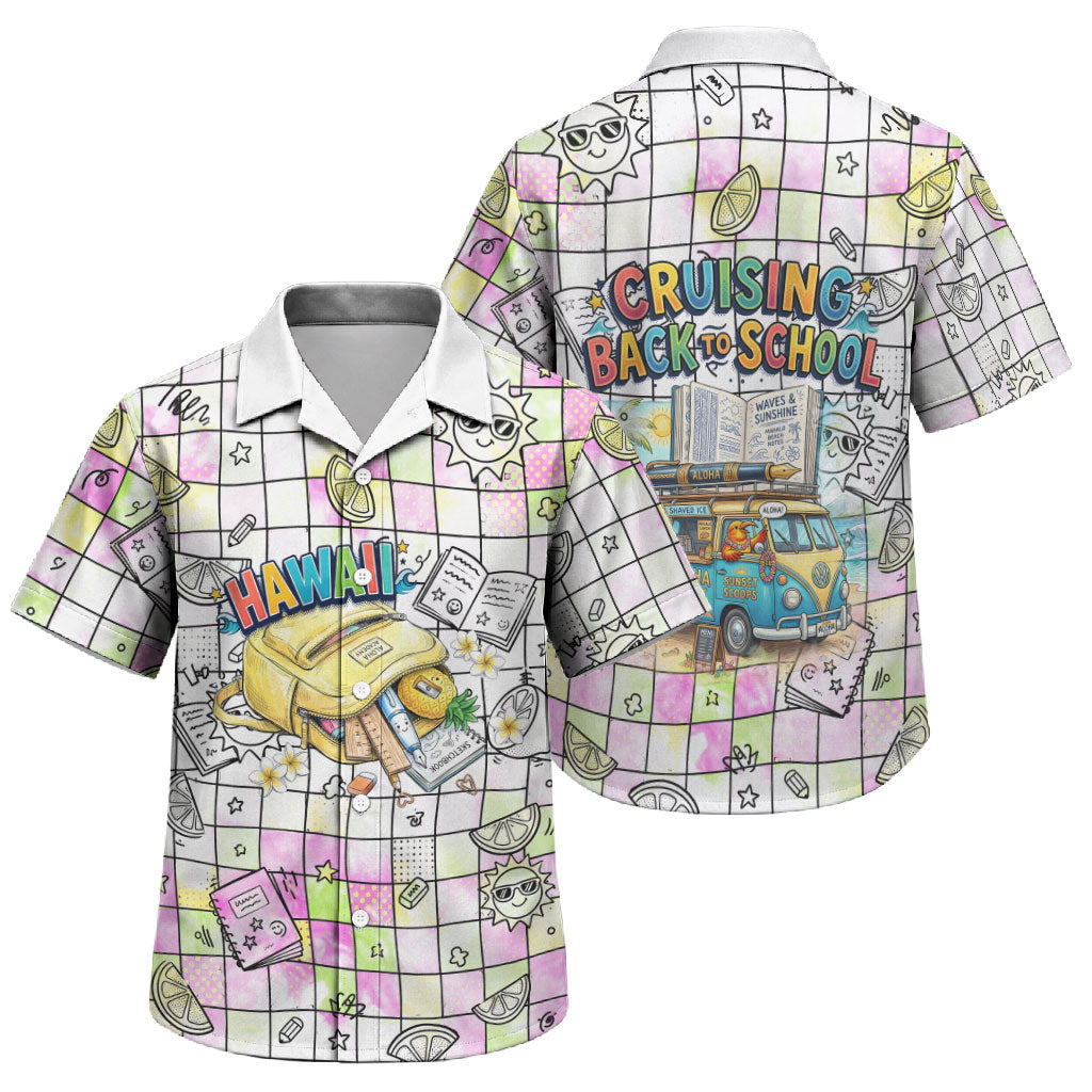 Hawaii Cruising Back To School Family Matching Summer Maxi Dress and Hawaiian Shirt Grid Pattern With School Bag And Vintage Surf Van
