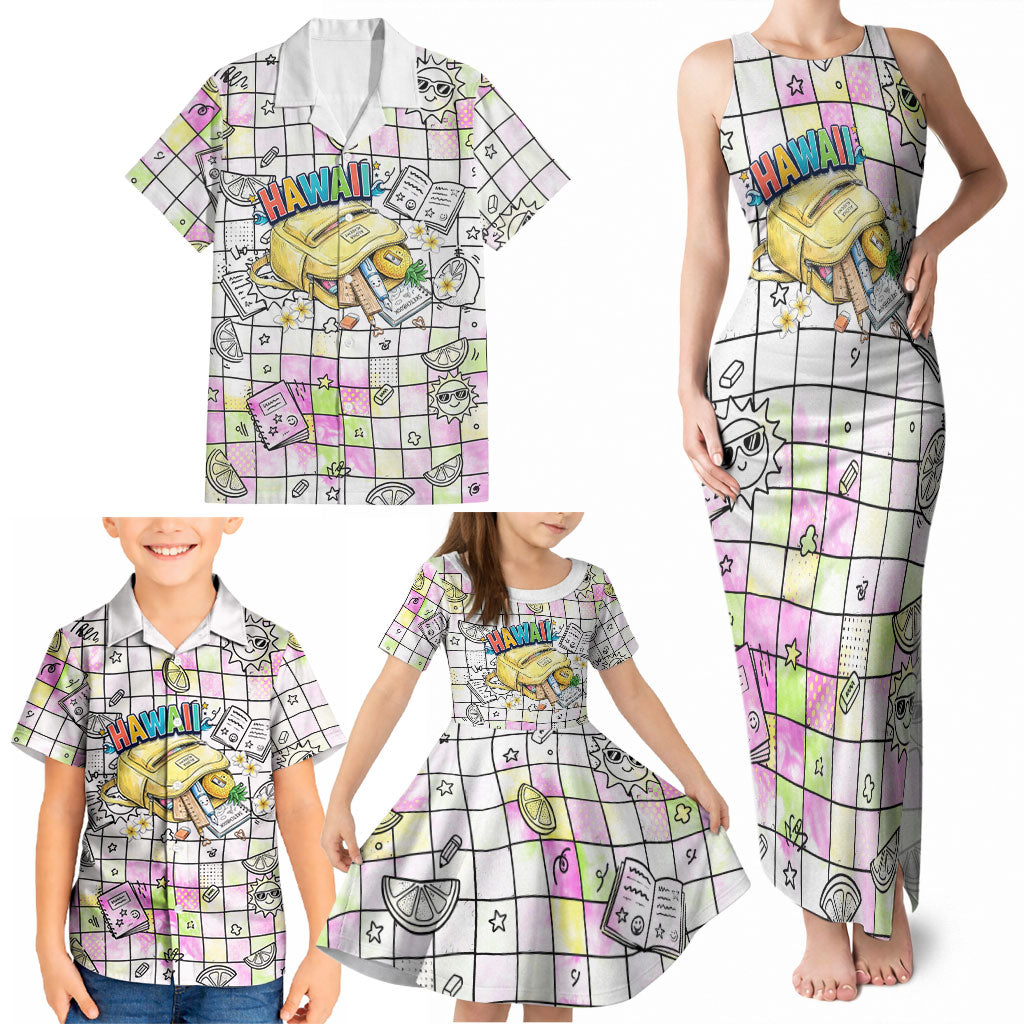 Hawaii Cruising Back To School Family Matching Tank Maxi Dress and Hawaiian Shirt Grid Pattern With School Bag And Vintage Surf Van
