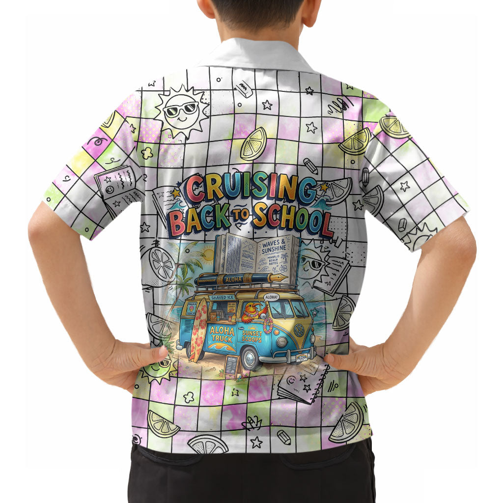 Hawaii Cruising Back To School Hawaiian Shirt Grid Pattern With School Bag And Vintage Surf Van