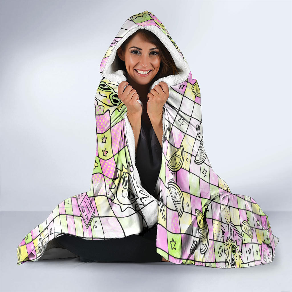 Hawaii Cruising Back To School Hooded Blanket Grid Pattern With School Bag And Vintage Surf Van