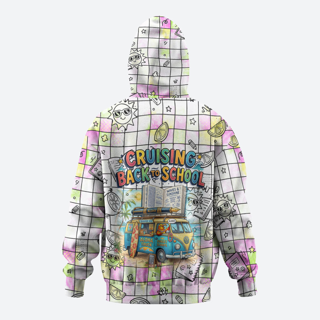 Hawaii Cruising Back To School Hoodie Grid Pattern With School Bag And Vintage Surf Van