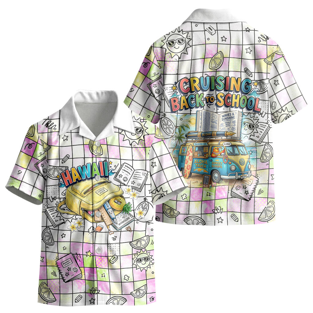Hawaii Cruising Back To School Kid Hawaiian Shirt Grid Pattern With School Bag And Vintage Surf Van