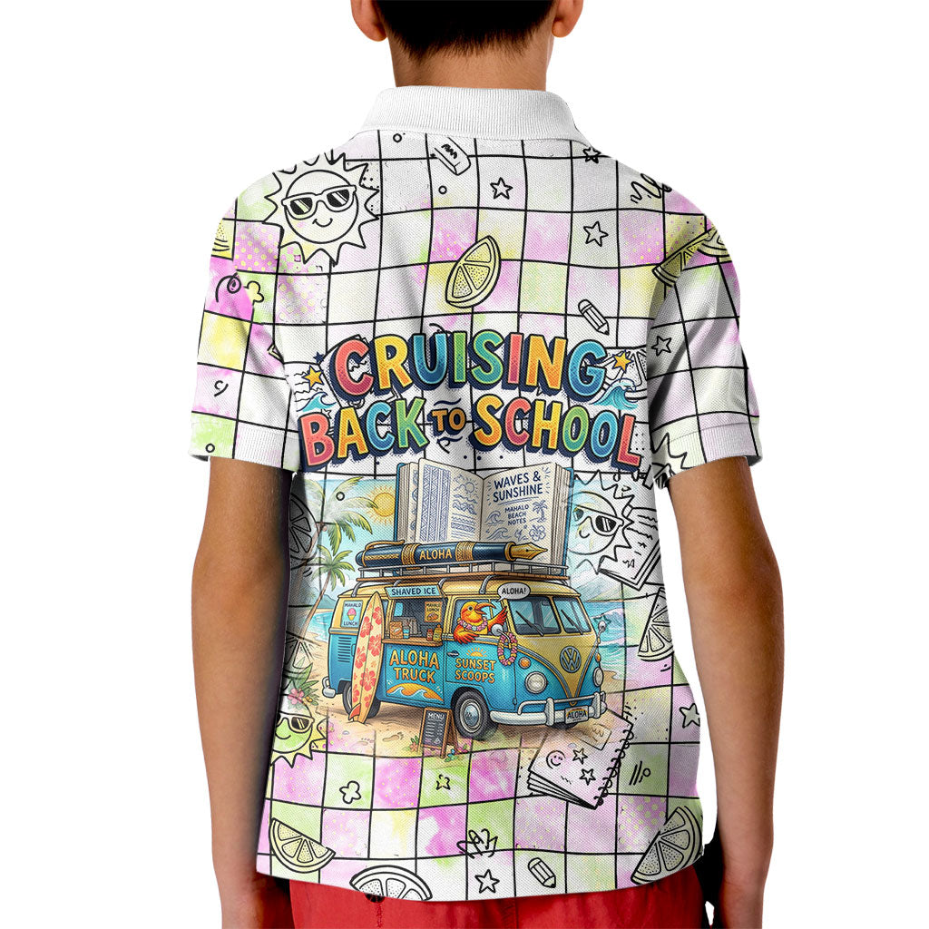 Hawaii Cruising Back To School Kid Polo Shirt Grid Pattern With School Bag And Vintage Surf Van