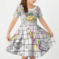 Hawaii Cruising Back To School Kid Short Sleeve Dress Grid Pattern With School Bag And Vintage Surf Van