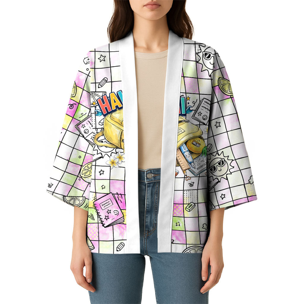 Hawaii Cruising Back To School Kimono Grid Pattern With School Bag And Vintage Surf Van
