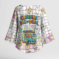 Hawaii Cruising Back To School Kimono Sleeve Blouse Grid Pattern With School Bag And Vintage Surf Van