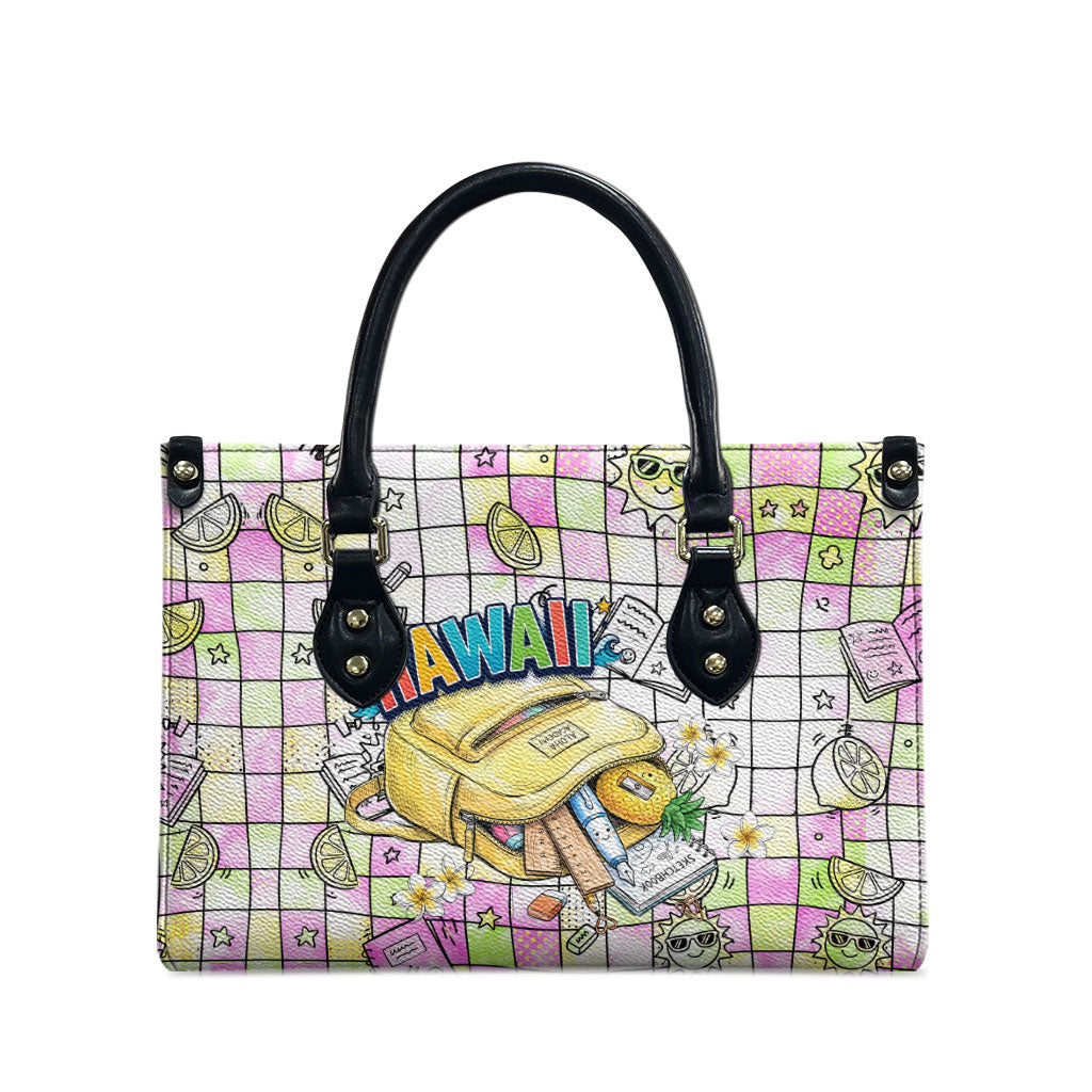Hawaii Cruising Back To School Leather Bag Grid Pattern With School Bag And Vintage Surf Van