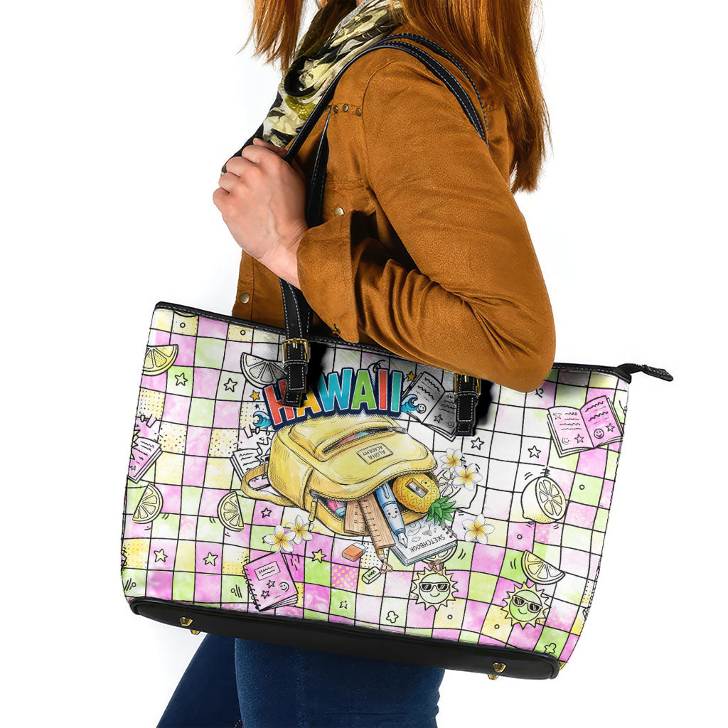 Hawaii Cruising Back To School Leather Tote Bag Grid Pattern With School Bag And Vintage Surf Van