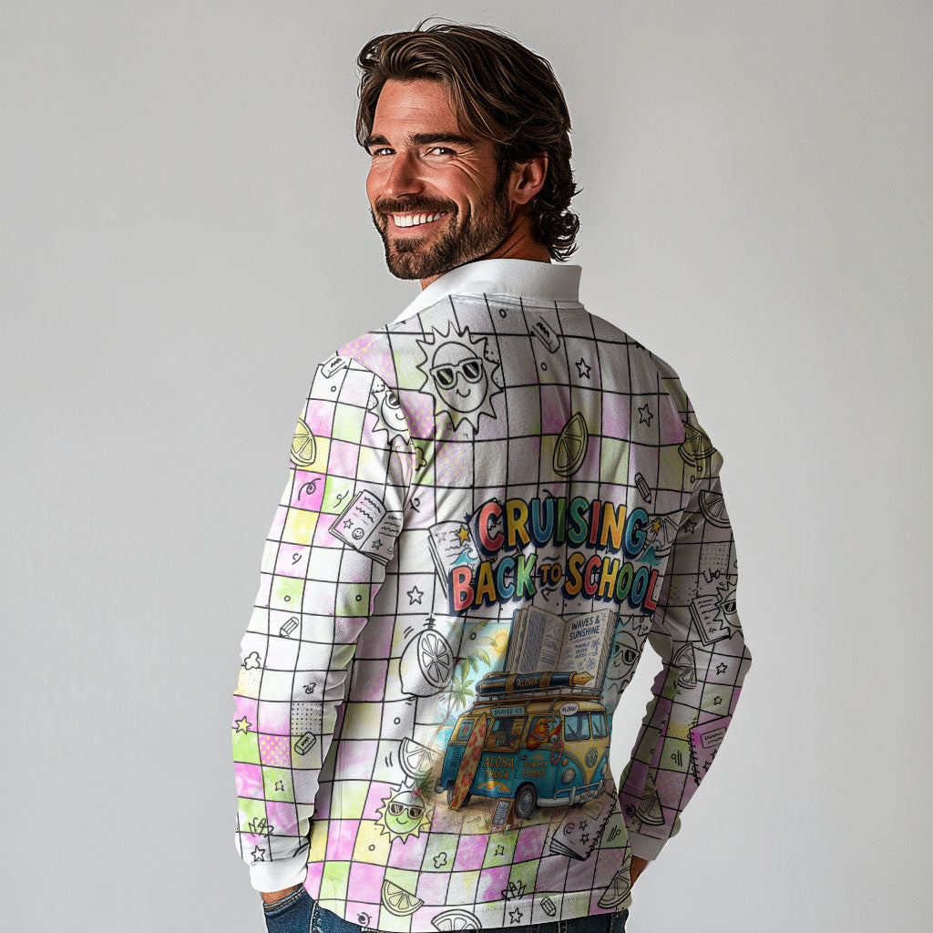 Hawaii Cruising Back To School Long Sleeve Polo Shirt Grid Pattern With School Bag And Vintage Surf Van