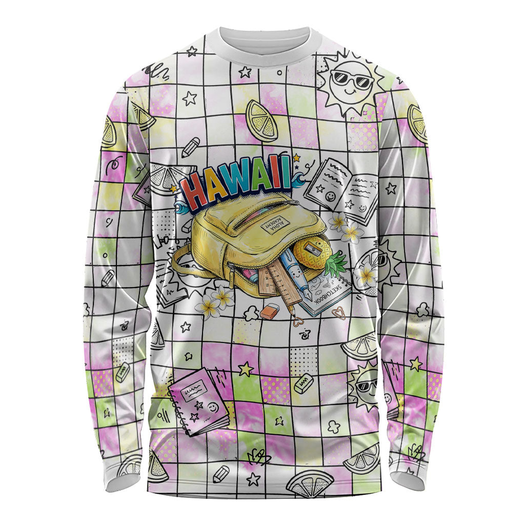 Hawaii Cruising Back To School Long Sleeve Shirt Grid Pattern With School Bag And Vintage Surf Van