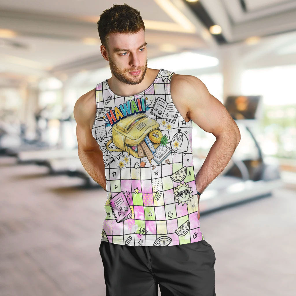Hawaii Cruising Back To School Men Tank Top Grid Pattern With School Bag And Vintage Surf Van