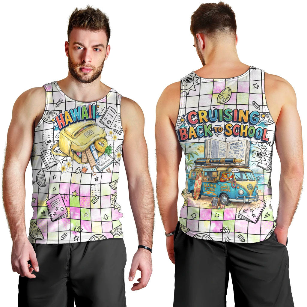 Hawaii Cruising Back To School Men Tank Top Grid Pattern With School Bag And Vintage Surf Van