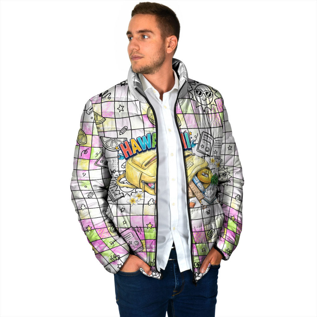 Hawaii Cruising Back To School Padded Jacket Grid Pattern With School Bag And Vintage Surf Van