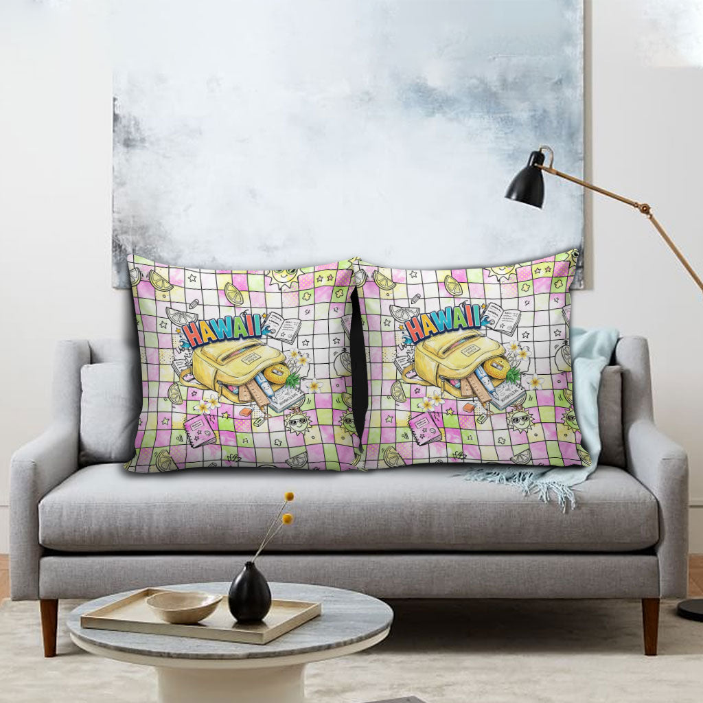 Hawaii Cruising Back To School Pillow Cover Grid Pattern With School Bag And Vintage Surf Van