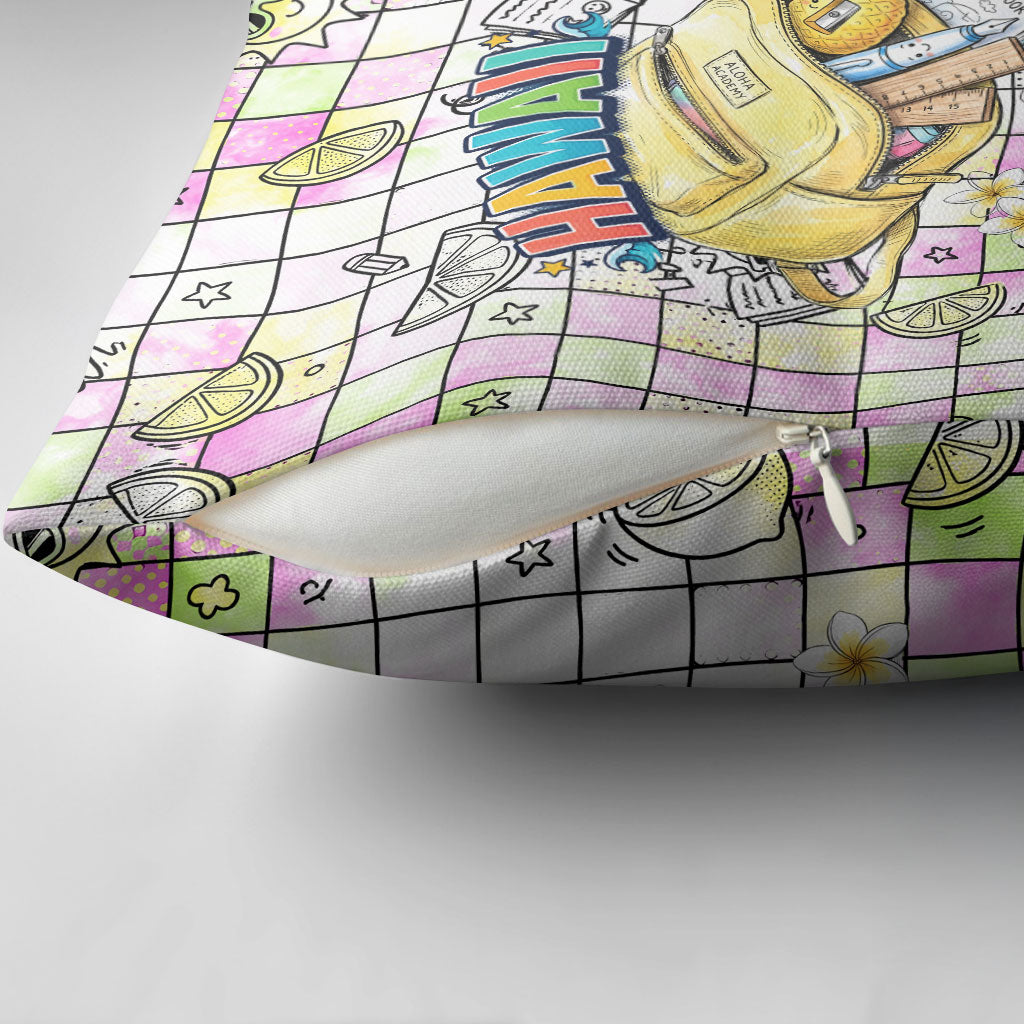 Hawaii Cruising Back To School Pillow Cover Grid Pattern With School Bag And Vintage Surf Van