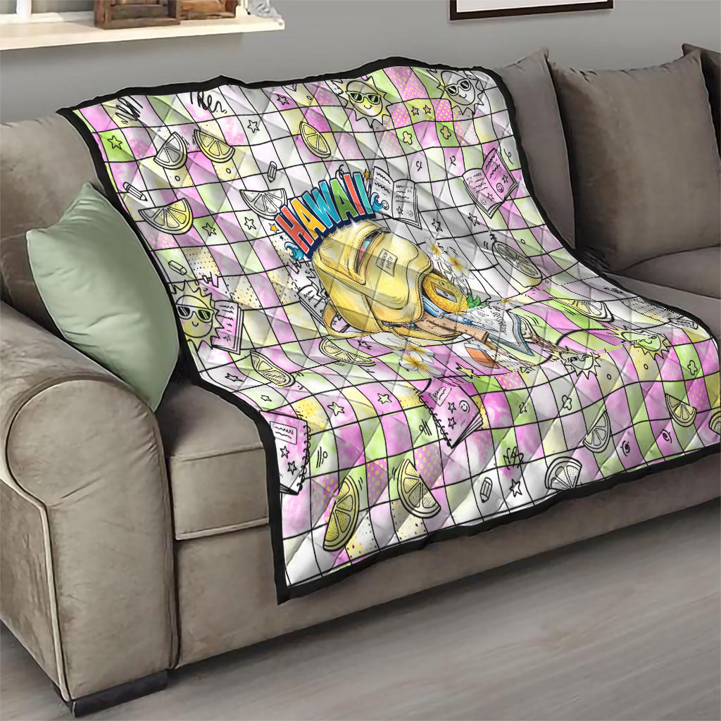 Hawaii Cruising Back To School Quilt Grid Pattern With School Bag And Vintage Surf Van