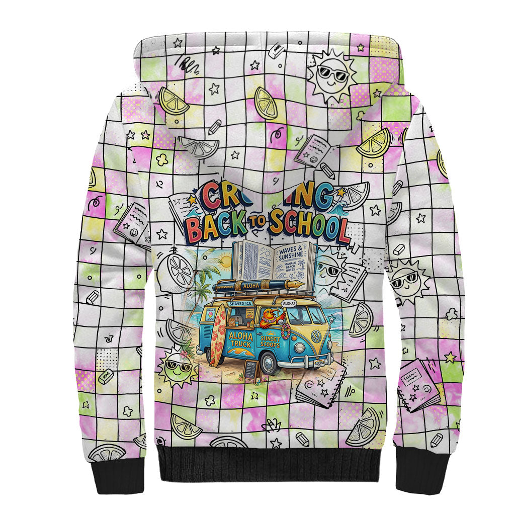 Hawaii Cruising Back To School Sherpa Hoodie Grid Pattern With School Bag And Vintage Surf Van