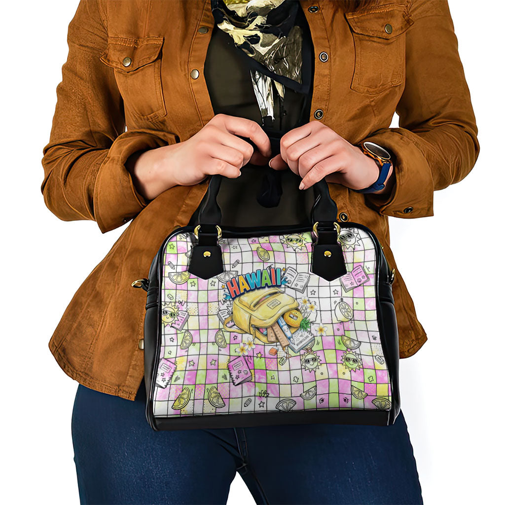 Hawaii Cruising Back To School Shoulder Handbag Grid Pattern With School Bag And Vintage Surf Van