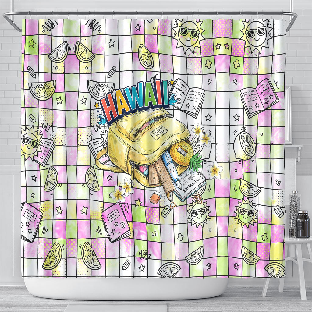 Hawaii Cruising Back To School Shower Curtain Grid Pattern With School Bag And Vintage Surf Van
