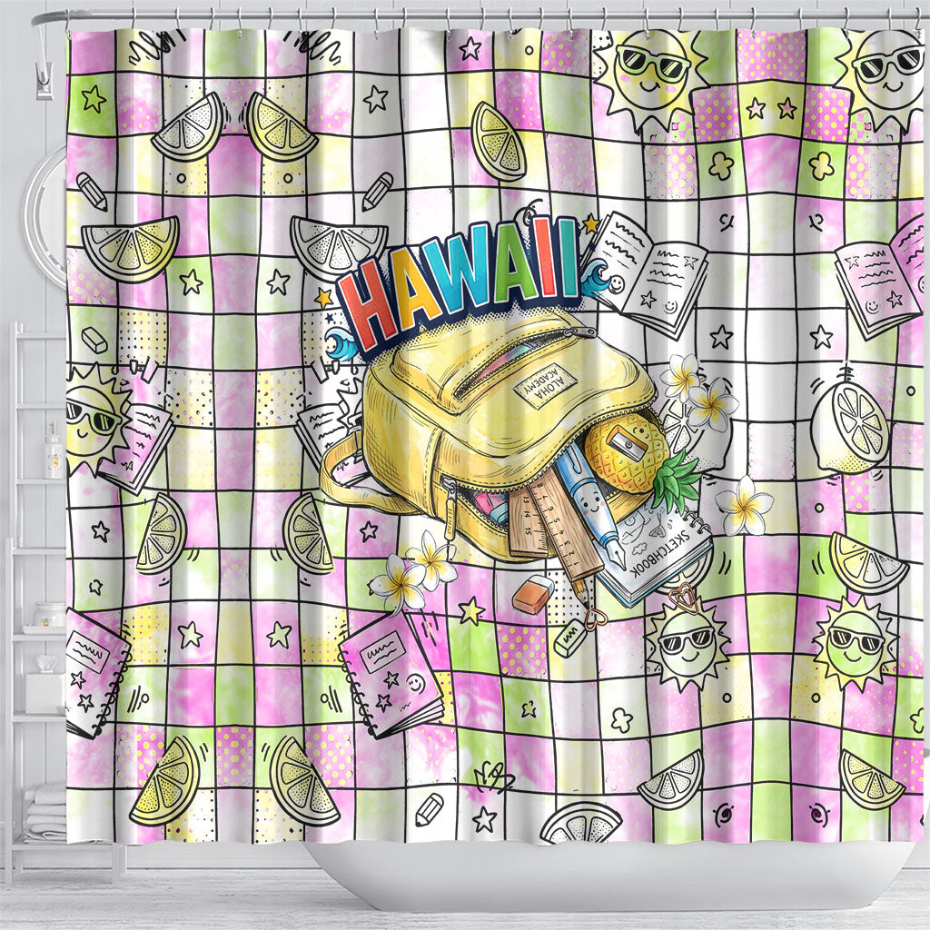 Hawaii Cruising Back To School Shower Curtain Grid Pattern With School Bag And Vintage Surf Van