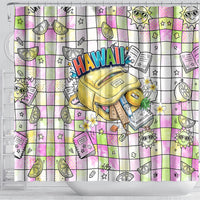 Hawaii Cruising Back To School Shower Curtain Grid Pattern With School Bag And Vintage Surf Van