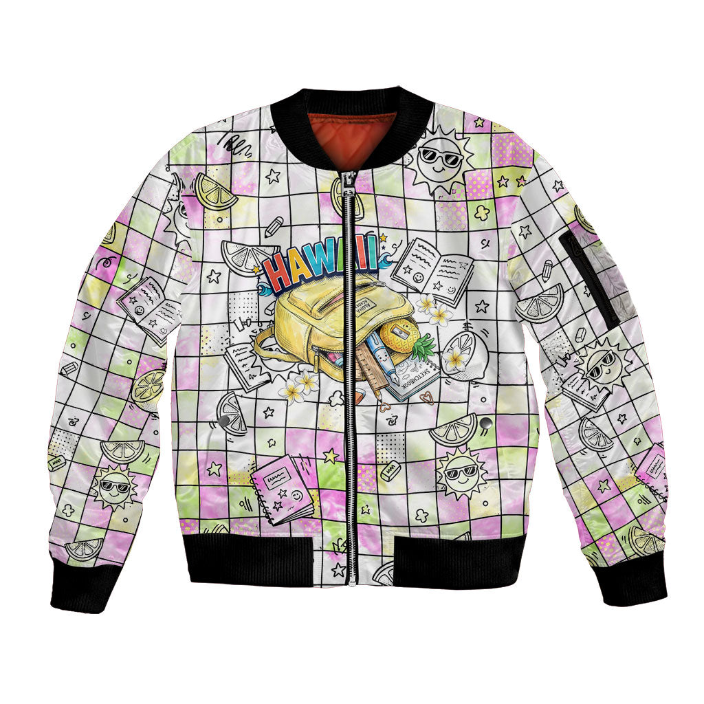 Hawaii Cruising Back To School Sleeve Zip Bomber Jacket Grid Pattern With School Bag And Vintage Surf Van