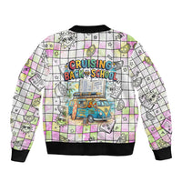Hawaii Cruising Back To School Sleeve Zip Bomber Jacket Grid Pattern With School Bag And Vintage Surf Van