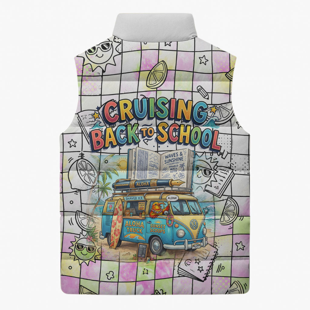 Hawaii Cruising Back To School Sleeveless Puffer Jacket Grid Pattern With School Bag And Vintage Surf Van