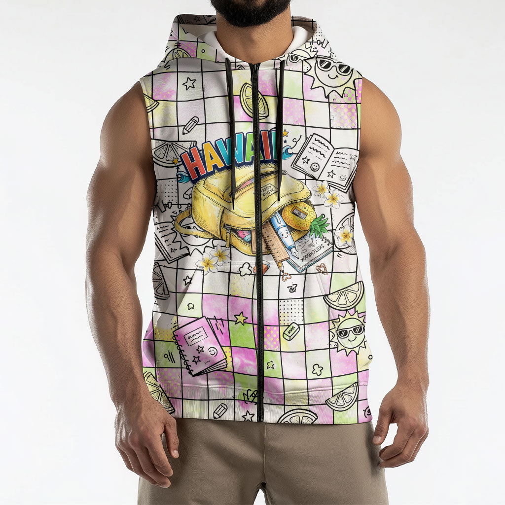 Hawaii Cruising Back To School Sleeveless Zip Hoodie Grid Pattern With School Bag And Vintage Surf Van