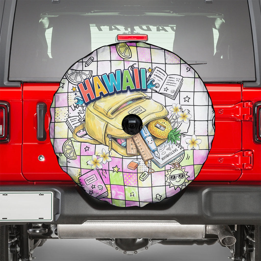 Hawaii Cruising Back To School Spare Tire Cover Grid Pattern With School Bag And Vintage Surf Van
