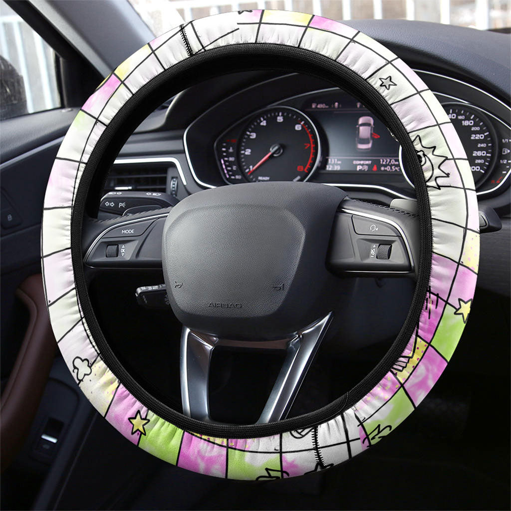 Hawaii Cruising Back To School Steering Wheel Cover Grid Pattern With School Bag And Vintage Surf Van