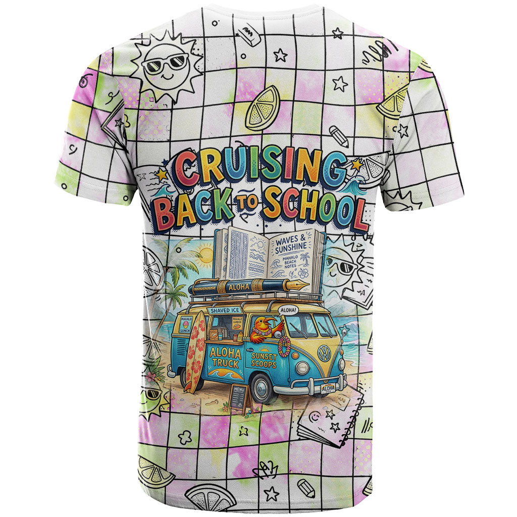 Hawaii Cruising Back To School T Shirt Grid Pattern With School Bag And Vintage Surf Van