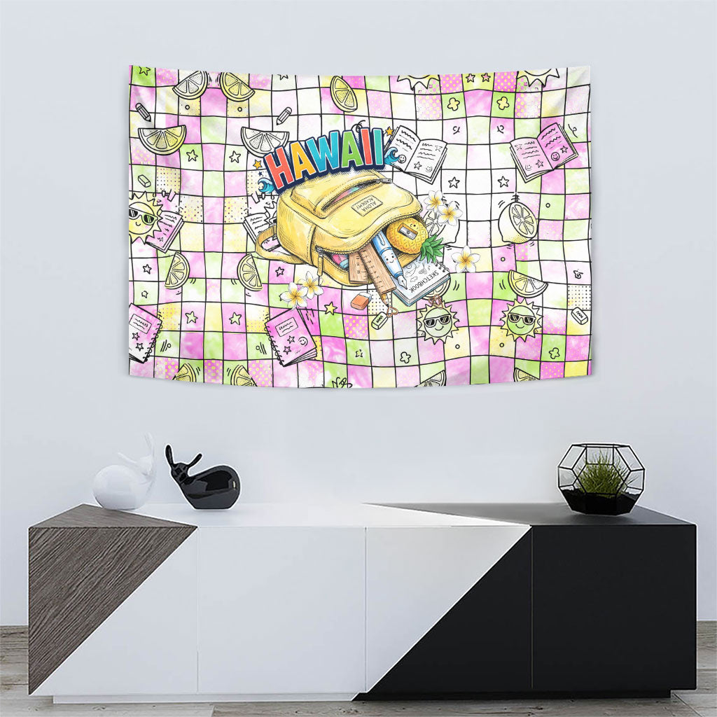 Hawaii Cruising Back To School Tapestry Grid Pattern With School Bag And Vintage Surf Van